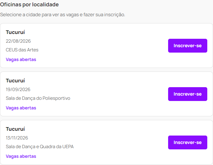 Tela do Sistema MID com a lista de atividades, datas, locais e botões de inscrição.