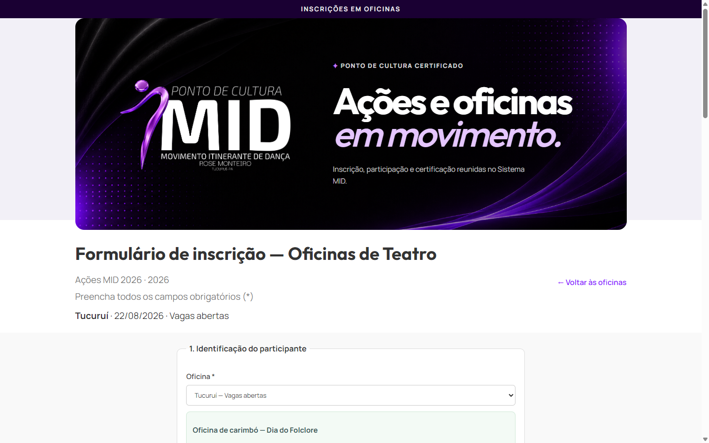 Tela do formulário de inscrição do Sistema MID com a atividade selecionada.